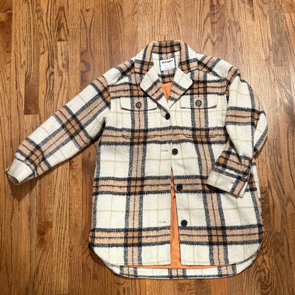 Old Navy Cream and Tan Plaid Jacket, Oversized Fit-Size Small